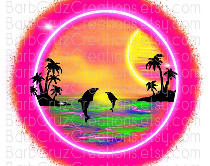 Tropical, Dolphins, Sunset, Sunrise, Paradise, Airbrush, Beach, Ocean, png, jpg, sublimation design, digital download, clip art, Summer