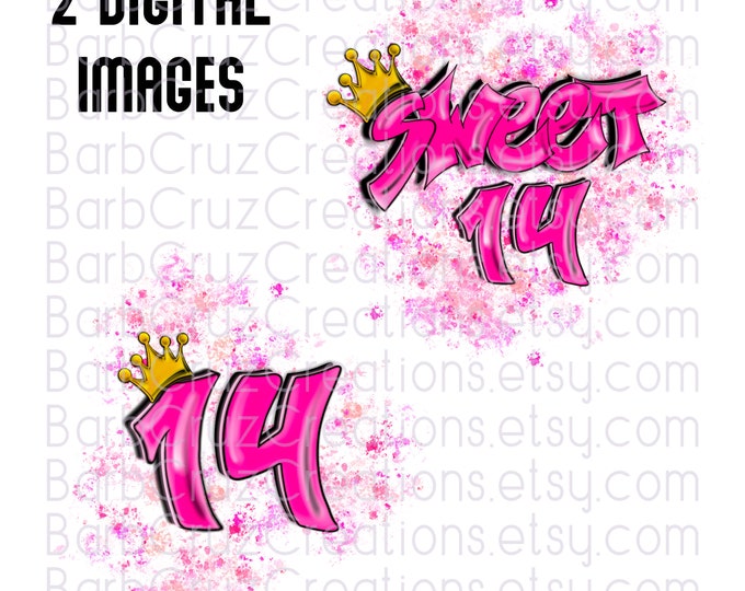 Airbrush png, Sweet 14, 14th, pink, bday, crown, Birthday, Airbrush Designs, Sublimation, Graffiti Designs, clipart, Digital Downloads 14