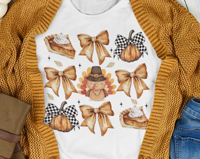 Retro  tshirt, Vintage, Fall, Autumn, Thanksgiving Day,  Comfort, Color,  Thankful / Porch Pick Up / Fun Turkey Shirt / Pumpkin Pie / Bows
