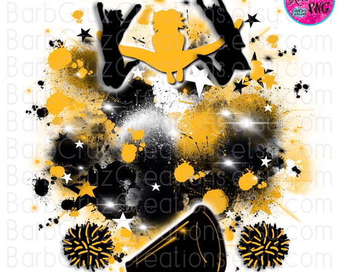 Airbrush png, Cheerleader, Cheerleading, Cheer Shirt, Cheer Team shirt, Sports Team Airbrush, Team Spirit, Sublimation, yellow, black