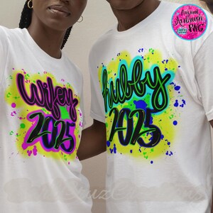 Airbrush png, Wifey, hubby, neon bright, Couples, Honeymoon shirts, anniversary, wedding, illustration, sublimation, digital, vintage 90’s