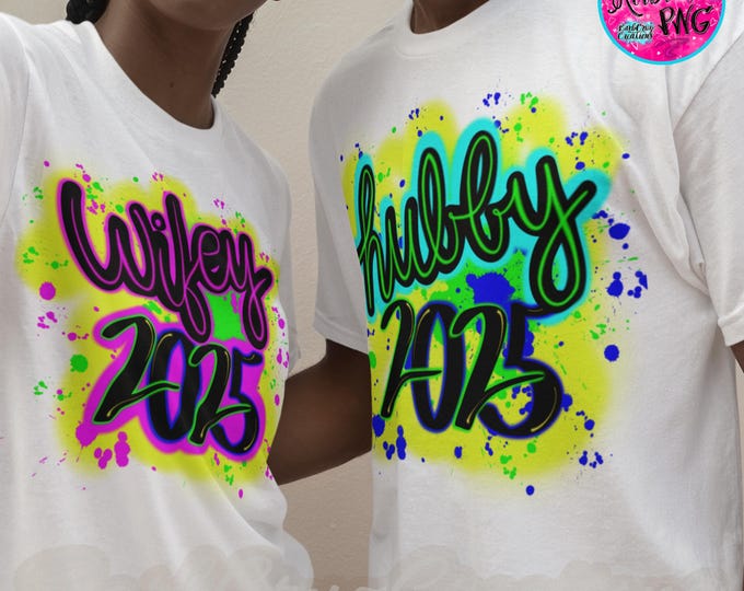 Airbrush png, Wifey, hubby, neon bright, Couples, Honeymoon shirts, anniversary, wedding, illustration, sublimation, digital, vintage 90’s
