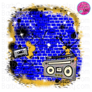 May include: A digital illustration featuring a blue brick wall background with a cassette tape and a boombox. The design includes yellow musical notes, black splatters, and starbursts. The image has a retro, urban theme.