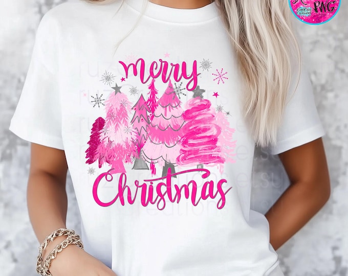 Vintage Retro Boho Pink Brush Stroke Hand Drawn Christmas Trees png, Vintage Merry Christmas, Pink Trees, Holidays, Sublimation, DTF, DTG