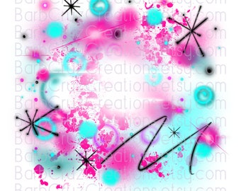 May include: Abstract digital art featuring a pink and blue color scheme with white stars and a black squiggly line. The background is a white canvas with a pink and blue splatter effect.