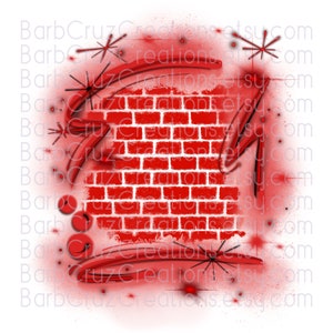 May include: Red brick wall background with a white spray paint effect. The background is surrounded by red and black swirls and stars.