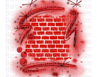 May include: Red brick wall background with a white spray paint effect. The background is surrounded by red and black swirls and stars.