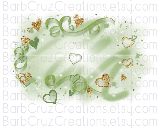 Airbrush Hearts Light Green, White, Gold background, png, Sublimation Design, DTF, Digital Download