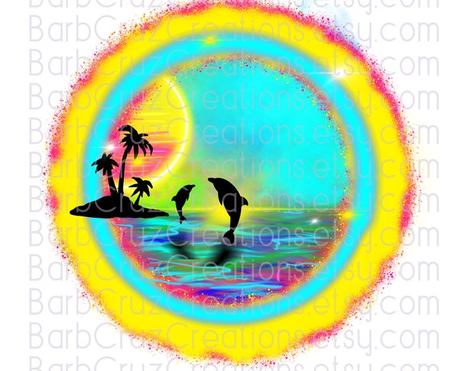 Airbrush png, Tropical, Sunset, Sunrise, Paradise, Beach, Ocean, Dolphins, Palm Tree, sublimation design, dtf, dtg, digital, clipart, Summer