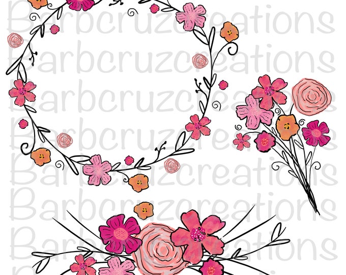 Bundle, Doodle Wreath, Doodle Floral Designs, Floral Frame, PNG, Instant Download, Digital Download, clip art, transparent downloads