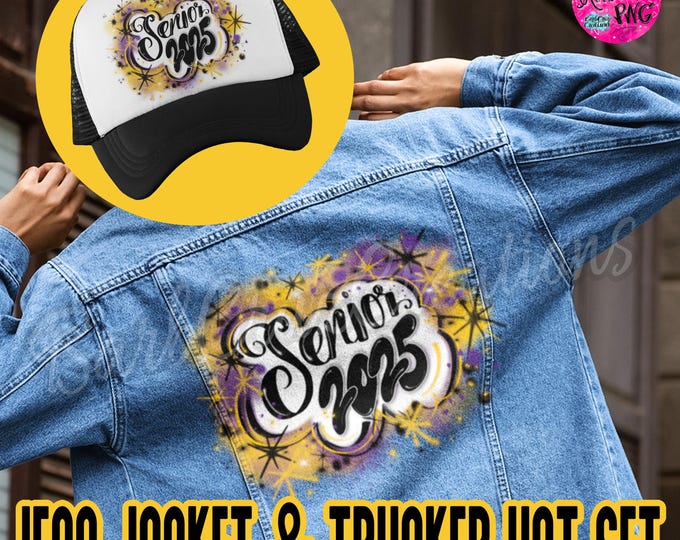 Airbrush Jacket, Adult Custom Jean Jacket & Trucker Hat, Cap, Senior, Airbrush Apparel, 90's Style Custom, Graffiti, Spray Paint, Old School