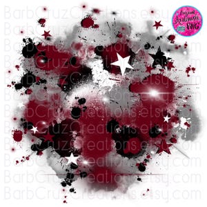 May include: Abstract digital art background with red, black, and white paint splatters and stars. The background is a blurry white with a soft, watercolor effect.