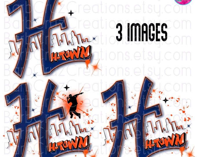 Airbrush png, H-Town, Houston, Texas, Hip Hop, Backgrounds, Graffiti Designs, Custom Shirt, Sports, Sublimation, orange, blue, yellow, DTF