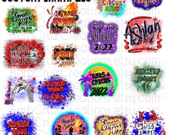 May include: A collection of custom design examples with various text and graphic elements. Designs include text such as "Senior 2023", "Nationals 2022", "Ashlan", "Turis & Caicos 2022", and "Cheer Elite All Stars". Each design has a unique color scheme and style.