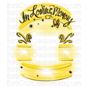 May include: A yellow and black design with the words "In Loving Memory of" in a cursive font. The design includes decorative flourishes and space for personalization, perfect for memorial items.