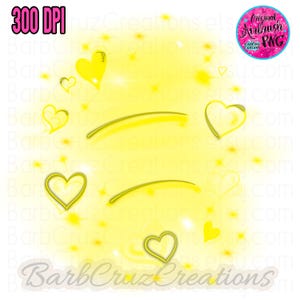 May include: A digital graphic with a yellow and white color scheme. The design features yellow hearts, curved lines, and starbursts. The text "300 DPI" is in the upper left corner, and a logo that says "Original Airbrush PNG" is in the upper right corner. The text "BarbCruzCreations" is at the bottom.