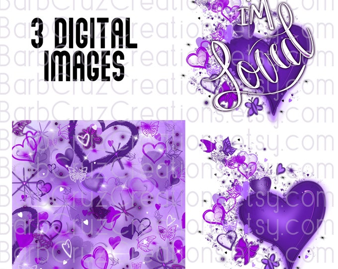 Purple Hearts & Butterflies Airbrush Background, I'm Loved, Sublimation Designs, Digital Downloads, png, clipart, Airbrush Design, set
