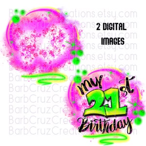 Pu&ograve; includere: Due immagini digitali con uno sfondo acquerellato rosa e verde. La prima immagine &egrave; un cerchio vuoto. La seconda immagine dice "My 21st Birthday" in lettere verdi e nere.