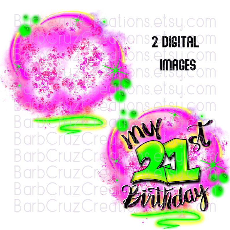 Pu&ograve; includere: Due immagini digitali con uno sfondo acquerellato rosa e verde. La prima immagine &egrave; un cerchio vuoto. La seconda immagine dice "My 21st Birthday" in lettere verdi e nere.