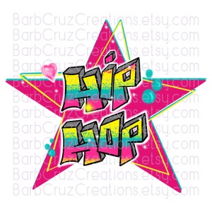 Könnte beinhalten: Ein rosa Stern mit gelben und blauen Umrissen, mit den Worten "Hip Hop" in einer Graffiti-Schriftart. Die Wörter sind in Gelb, Rosa und Blau mit einem glitzernden Effekt.
