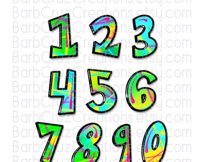 Graffiti, Numbers, Colorful numbers, Airbrush numbers, Sublimation Design, Hip Hop Lettering, png, clipart, bundle, 0-9, airbrush font