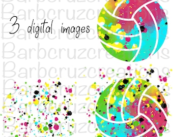 May include: Two digital images of a volleyball with a white background. The volleyball is painted with bright colors, including pink, blue, green, and yellow. The volleyball has a white outline and black lines. The background is white with colorful paint splatters.