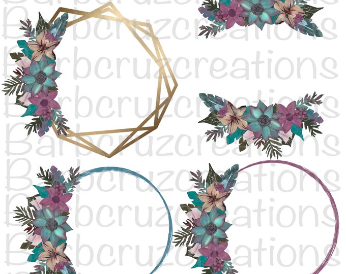 Bundle, Digital Image, Purple, Floral, Wreaths, Instant Download, png, transparent images, 4 digital images, sublimation designs, watercolor