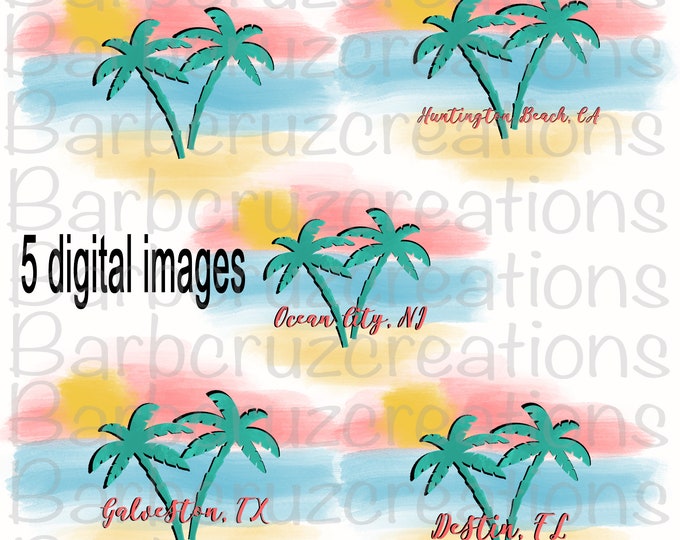 airbrush png, beach, vacation, palm watercolor, Galveston tx, ocean city nj, Huntington Beach ca, Destin fl, Clipart, sublimation design