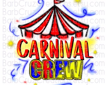 May include: A red and white striped carnival tent with a yellow star and blue swirls. The text "CARNIVAL CREW" is in red, blue, and yellow letters with a yellow outline.