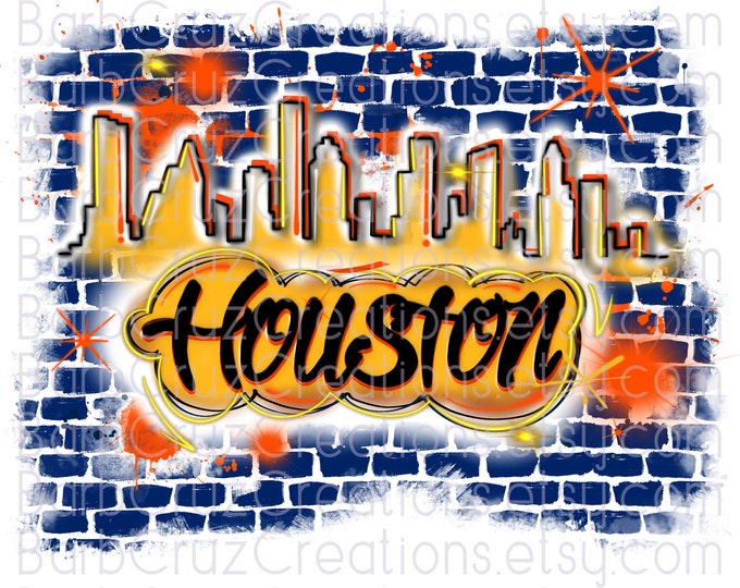 Airbrush png, Houston, TX, Brick Wall, City Silhouette, Shirt, Team shirt, Airbrush Background, Graffiti Designs, Sublimation, orange, blue