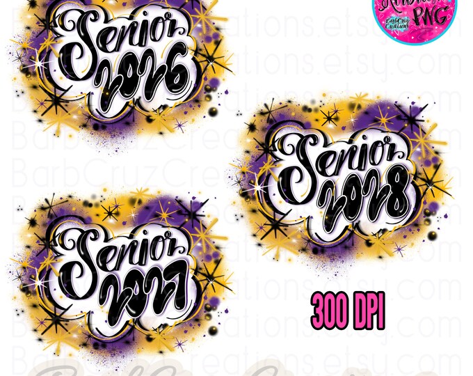 Senior 2026 2027 2028 Purple Yellow Gold Airbrush PNG Digital Download Bundle Set High School Class of Sublimation Digital Graffiti graduate