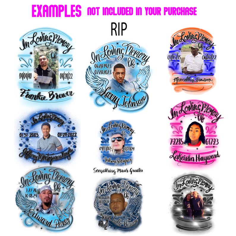 Pu&ograve; includere: Una collezione di design commemorativi con foto, nomi e date. Ogni design presenta la frase "In Loving Memory Of" in testo stilizzato, con ali d'angelo e mani in preghiera. I design sono in vari colori.