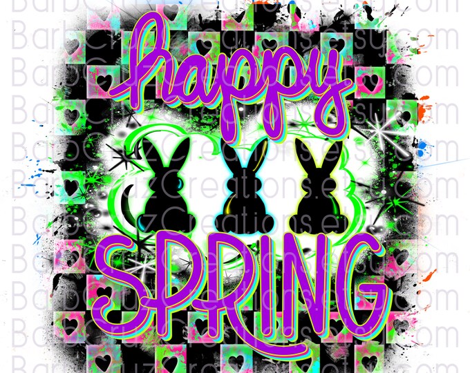 Airbrush Neon Checker Board Bunnies / hello Spring / Happy Spring / Easter / Spring Time / Sublimation Design / Sublimation png / Kids shirt