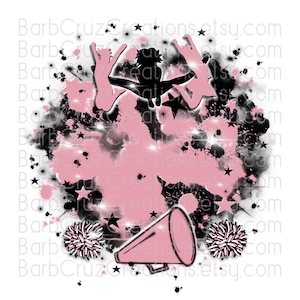 May include: Pink and black digital art featuring two cheerleaders in a silhouette, a megaphone, and pom-poms. The background is a pink and black watercolor splatter effect with stars.