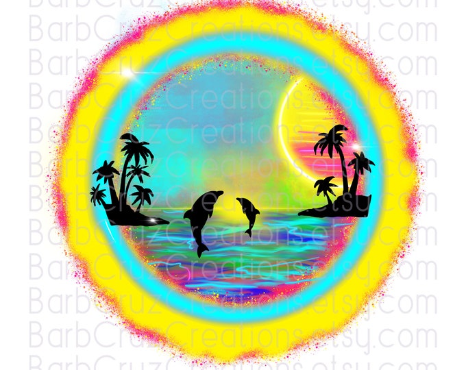 Tropical Ocean Airbrush Background, Dolphins, Sunset, Sunrise, Paradise, Beach, png, sublimation design, digital download, Summer, Sea