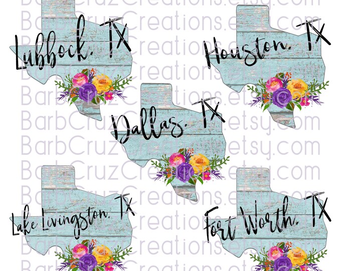 Houston, Dallas, Lake Livingston, TX, Lubbock, Fort Worth, png, watercolor flower, clip art, digital download, sublimation transfer