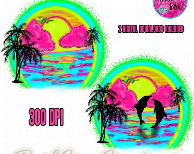 tropical, sunset, sunrise, palm trees, beach, vacation, airbrush, png, sublimation designs, digital downloads, dolphins, sunrise, ocean neon