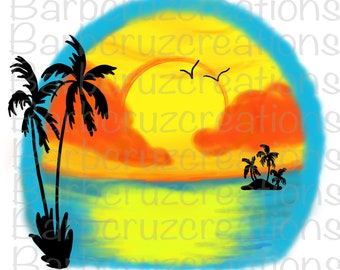 Tropisch, zonsondergang, zonsopgang, paradijs, airbrush, strand, oceaan, png, instant download, sublimatieontwerp, digitale download, clipart, zomer
