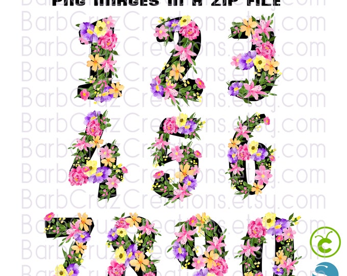 Numbers, Floral, Flowers, Sublimation Design, Digital Download, png, clipart, bundle, Pretty Numbers, Create Years, Dates, Events, Birthday