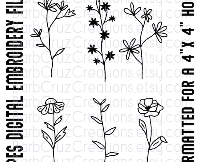 Wild Flowers, Embroidery, Embroider, PES, 4x4 hoop, Digital Images for Embroidery Machine, Beautiful Flowers, 6 Floral Designs, pes