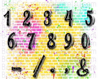 Graffiti, numeri, numeri neri, numeri aerografati, aerografo, disegno a sublimazione, download digitale, png, clipart, pacchetto