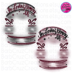 May include: Two circular designs with the text "In Loving Memory of" in a script font. The designs feature a layered, semi-transparent appearance with burgundy and silver accents. The overall theme is memorial or remembrance.