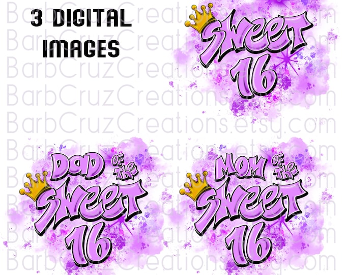 Sweet 16, Sixteen bday, crown, Birthday, Airbrush png, Print Designs, Sublimation Designs, Digital Downloads, light purple, bday, mom, dad