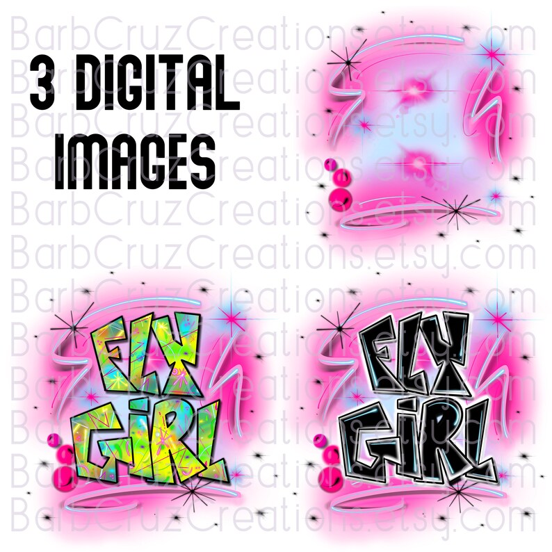 Pu&ograve; includere: Tre immagini digitali con sfondo rosa e bianco. Le immagini presentano il testo "Fly Girl" in stile graffiti. La prima immagine presenta il testo in uno schema di colori arcobaleno. La seconda e la terza immagine presentano il testo in nero con un contorno blu.