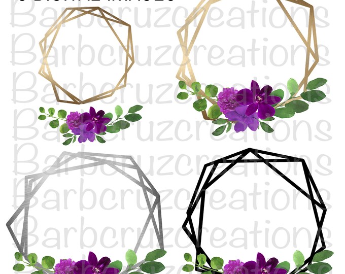 Modern Wreaths, Purple Flowers, Gold Modern Wreaths, Black, Purple, Silver, Sublimation Designs, Digital Download, png, Instant Download