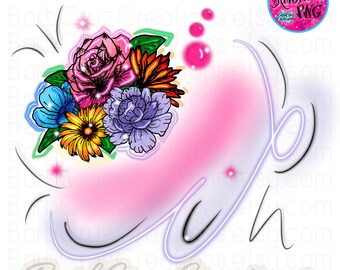 Bouquet floral PNG à l'aérographe, fleurs néon, motifs de sublimation Y2K, téléchargements numériques, années 90, clipart graffiti, style rétro, motifs à l'aérographe