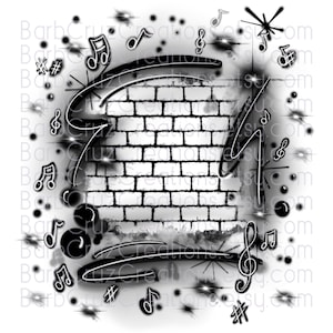 Op de afbeelding: Zwart-witte digitale illustratie van een bakstenen muur met muzieknoten en symbolen. De noten en symbolen zijn getekend in graffiti-stijl.