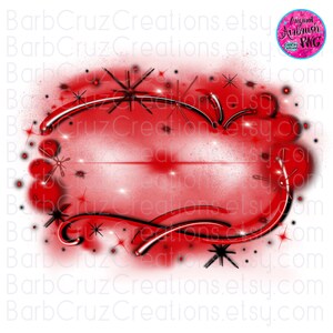 May include: Red and black airbrushed design with a white background. The design features a red frame with black swirls and stars. The frame is surrounded by a white halo.