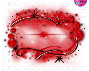 May include: Red and black airbrushed design with a white background. The design features a red frame with black swirls and stars. The frame is surrounded by a white halo.