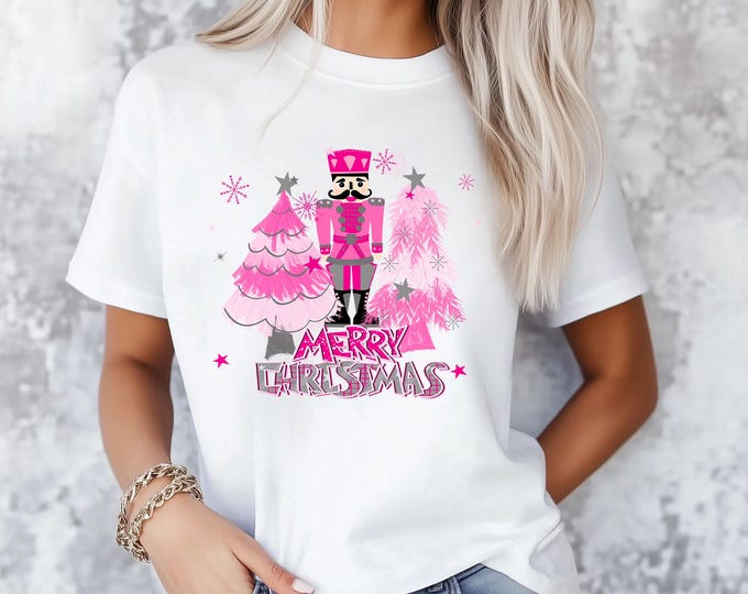 Retro Nutcracker png, Christmas png, Vintage Merry Christmas Snowflakes, Trees, Holidays, Custom Shirt, Sublimation Designs, DTF, DTG, pink